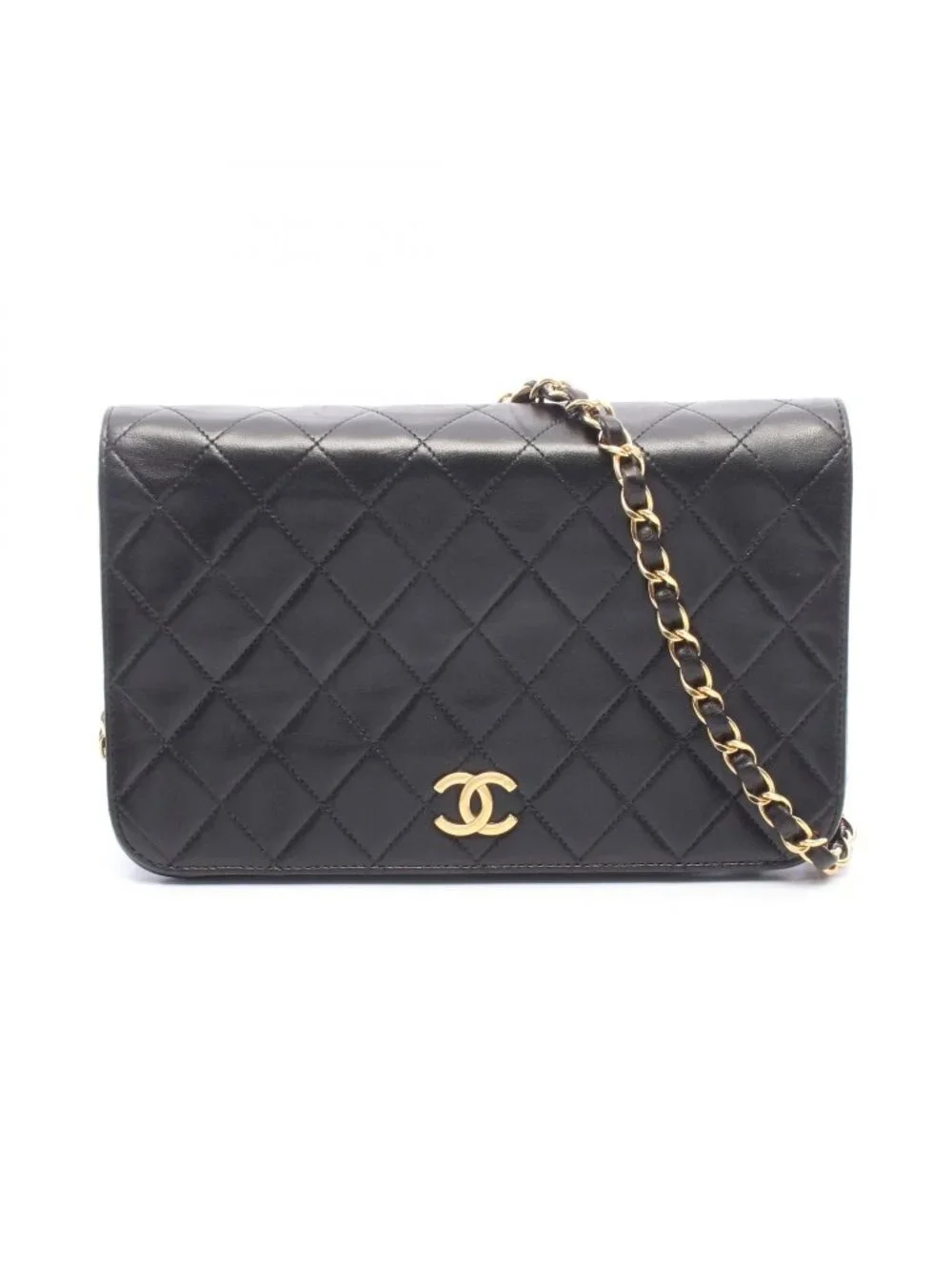 Chanel Shoulder Bag Quilted Full Flap Black Lambskin Push Lock Chain